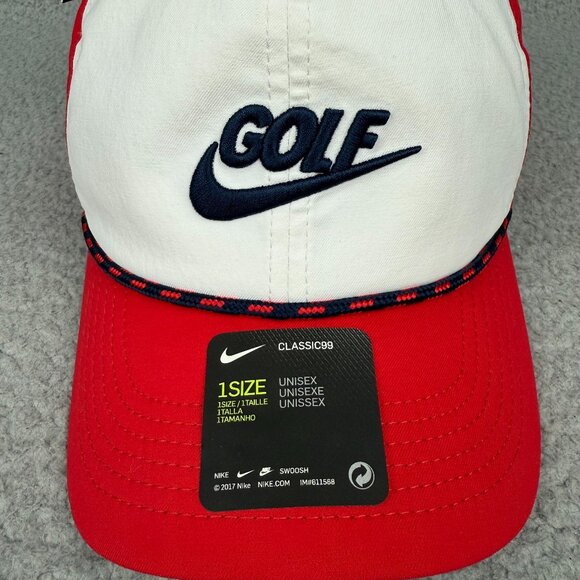 Nike Golf Cap Hat Mens One Size Red White Aerobill Classic99 Rope Adjustable - Picture 2 of 11